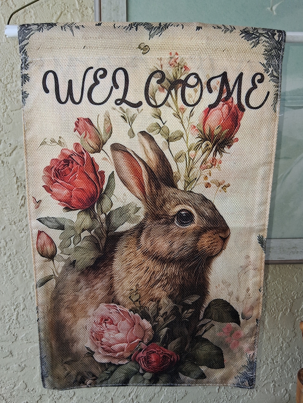 Welcome Bunny Floral Garden Flag - Brown and Pink